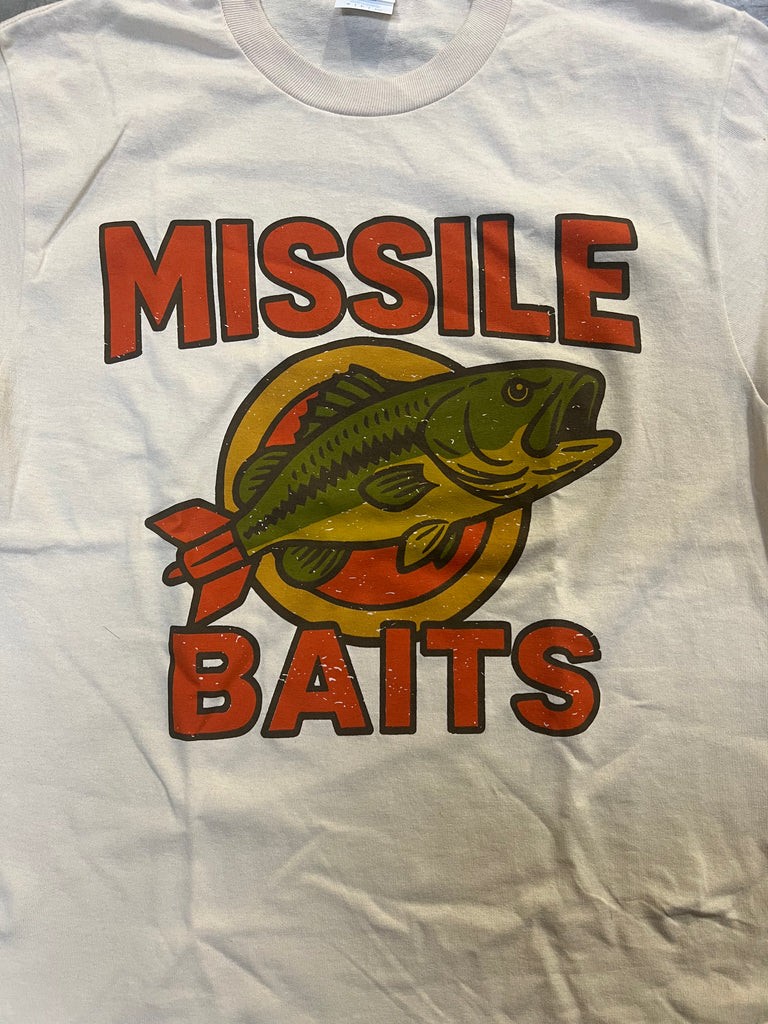 White t-shirt with 'Missile Baits' graphic featuring a fish and missile on a white background